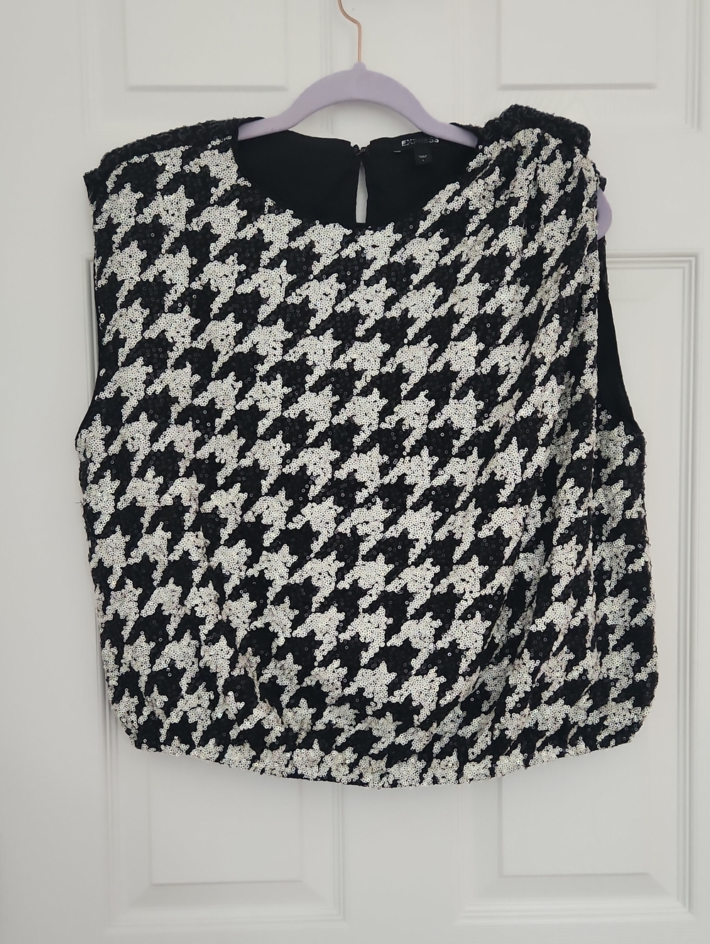 Party Costume Chic Express Black White Houndstooth Sequin Top FLAW